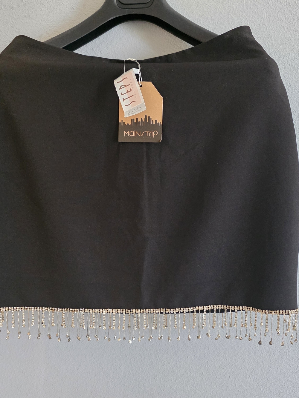 Main Strip Black Mini Skirt with Gold Beaded Fringe